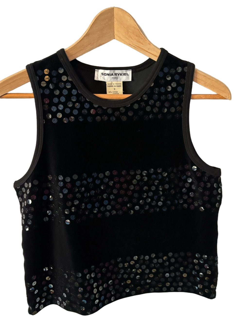 Sonia Rykiel Paris Black Velour Sequinned Tank Top M Sleeveless Velvet Crewneck